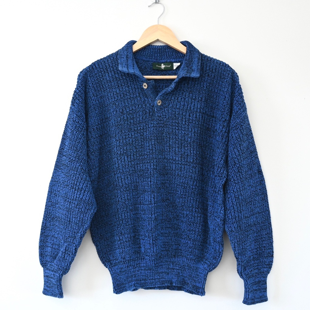 1990s Hunt Club Blue Black Marled Cotton Sweater Size Large | Made in USA
